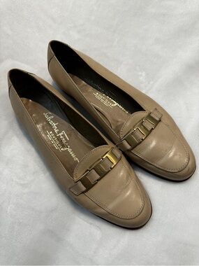 Salvatore Ferragamo Beige Leather Loafers with Gold Buckle
